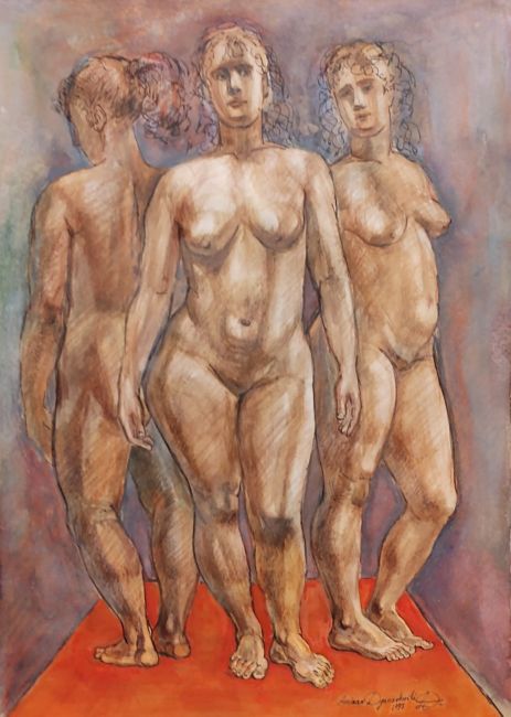 Drie gratien  gemengde techniek  aquarel  aquarel potloden  gouache  inkt  H40x30 cm. 00 3358