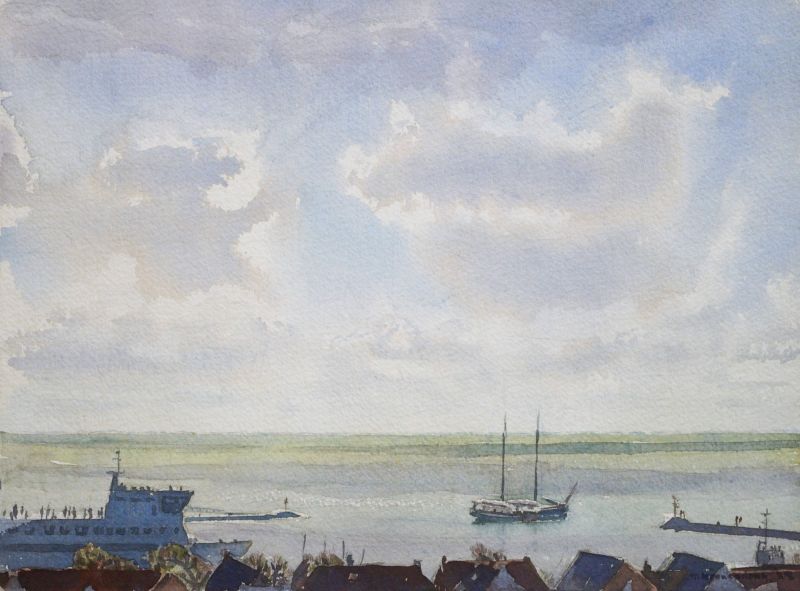 Haven Terschelling met veerboot  aquarel  x 31 cm. 775 00 3932