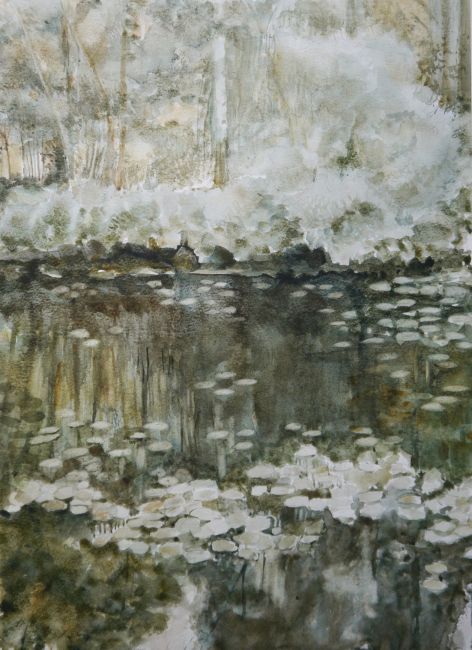 INEKE VAN HAALEN   Weerspiegeling met waterlelies   aquarel  x 30 cm. 750 00 4843