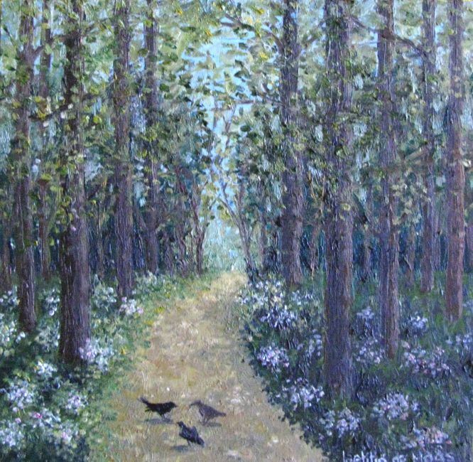 VOGELS OP HET BOSPAD olieverf op paneel    x15 cm. 230 00 zonder lijst 5293