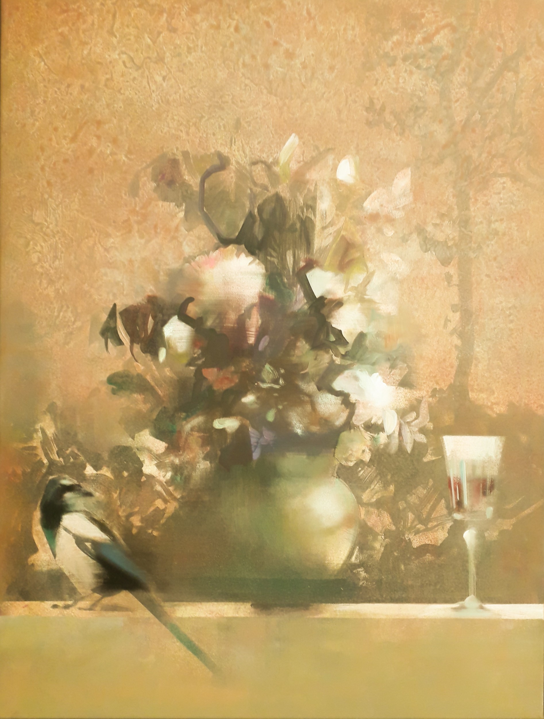 till life with flowers and magpie